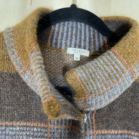 Oriana Metallic Plaid Alpaca Wool Blend Long Sweater Coat Duster Cardigan Sz M - Picture 3 of 11